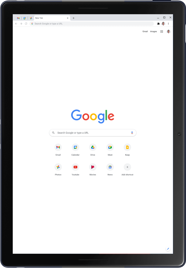 Tablet Pixel Slate dalam mode Potret, menampilkan halaman beranda Google.