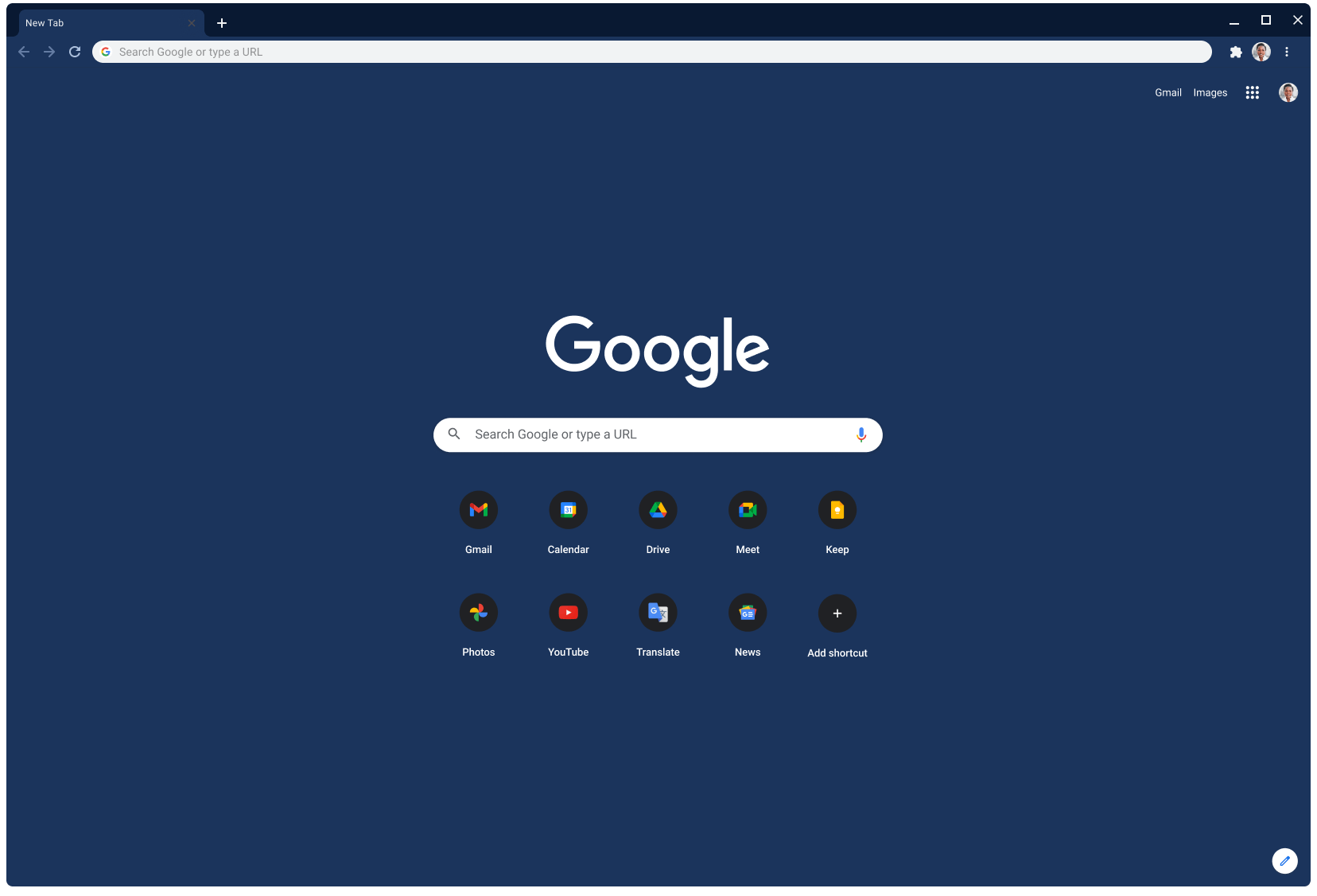 Jendela browser Chrome menampilkan Google.com menggunakan tema warna Slate.