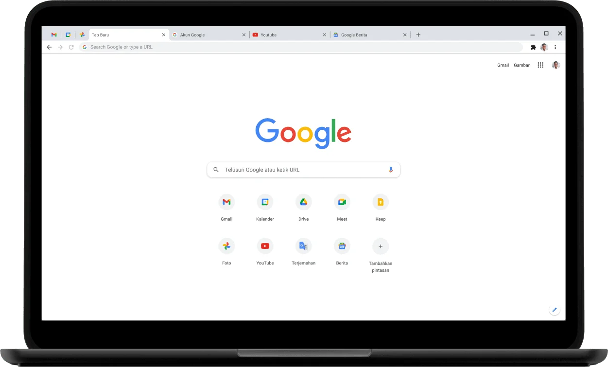 Sudut kiri atas laptop Pixelbook dengan layar yang menampilkan Google.com.