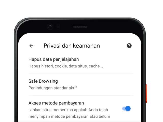 Halaman setelan Privasi dan Keamanan browser Chrome dalam perangkat seluler.