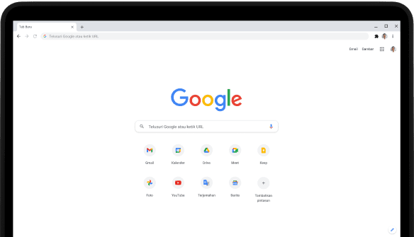 Sudut kiri atas laptop Pixelbook Go dengan layar yang menampilkan kotak penelusuran Google.com dan aplikasi favorit.