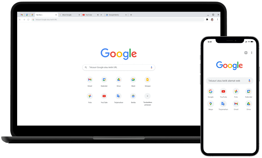 Laptop dan perangkat seluler, menampilkan halaman beranda Google.com.