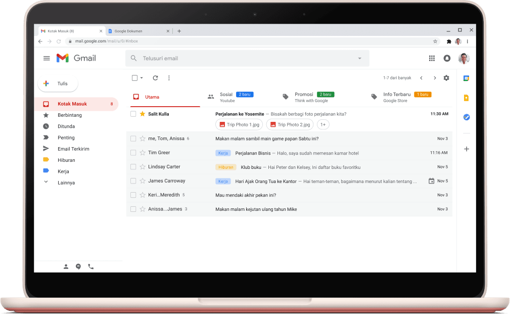 Layar antarmuka Gmail dengan susunan email.
