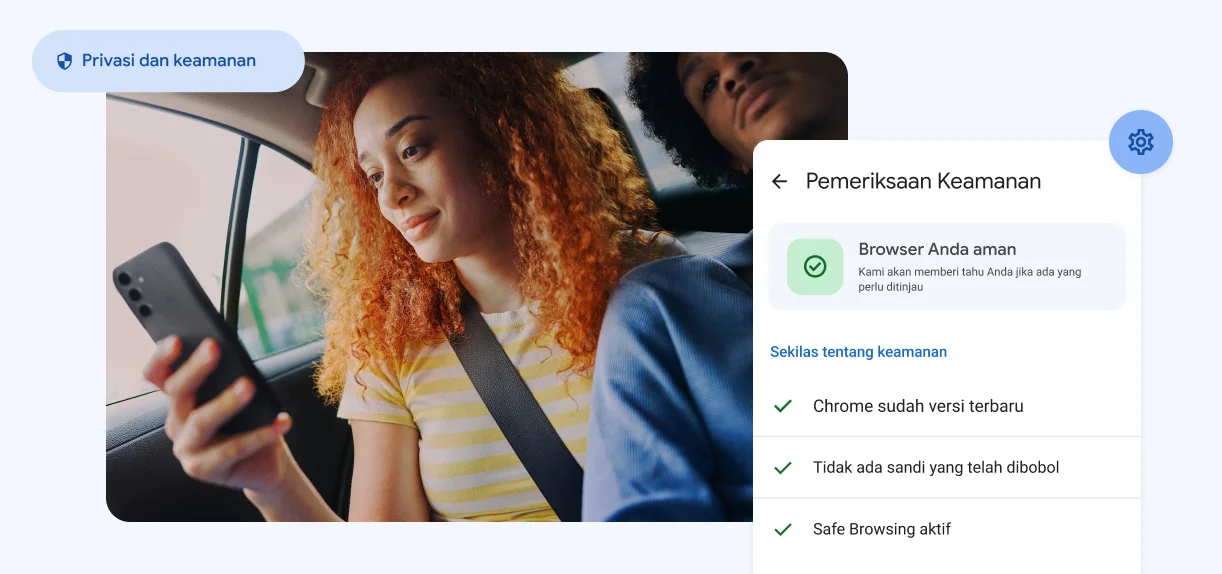 Seorang perempuan sedang melihat ponselnya. Elemen bertuliskan “Privasi dan Keamanan” dengan peringatan tentang sandi yang telah dibobol.