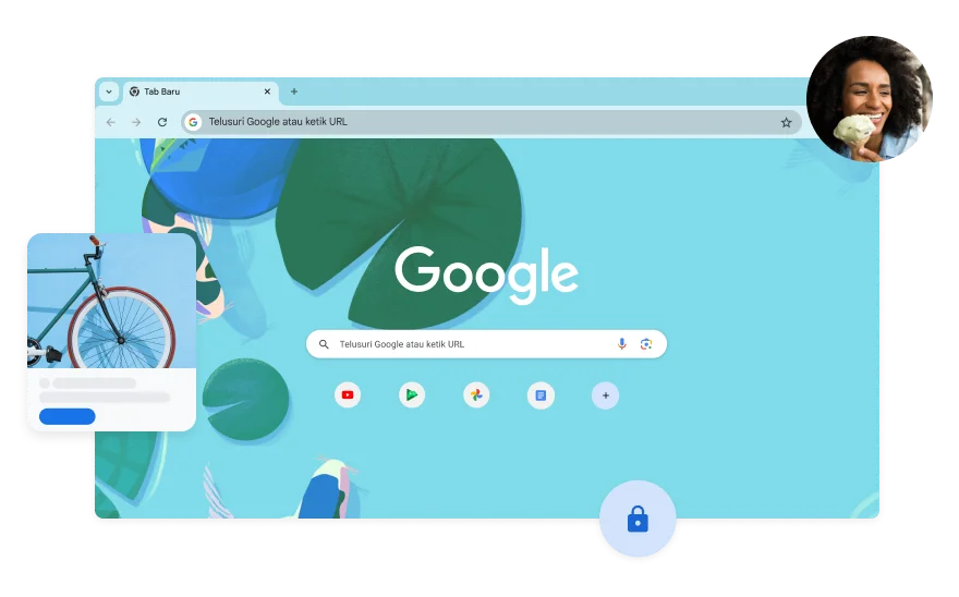 Latar belakang halaman penelusuran Google dengan ilustrasi ikan di kolam koi berwarna biru. Foto seorang perempuan ditampilkan di salah satu sudut.