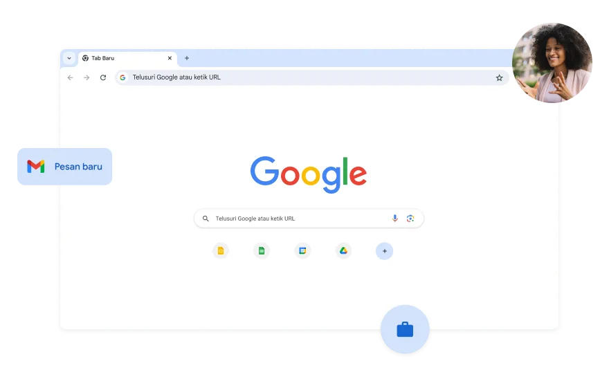 Latar belakang halaman penelusuran Google berwarna putih. Foto seorang perempuan ditampilkan di salah satu sudut.