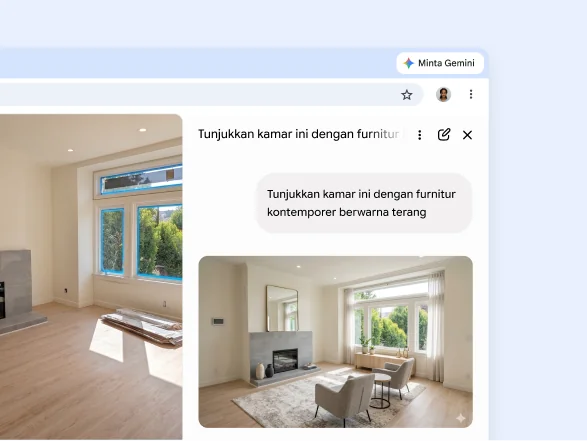 Pengguna meminta Gemini di Chrome menambahkan furnitur kontemporer berwarna terang ke gambar ruang tamu dari sebuah halaman web