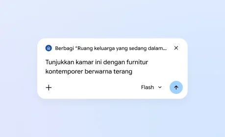 Pengguna membagikan tab dengan Gemini di Chrome dan meminta Gemini menampilkan ruangan dengan furnitur kontemporer berwarna terang