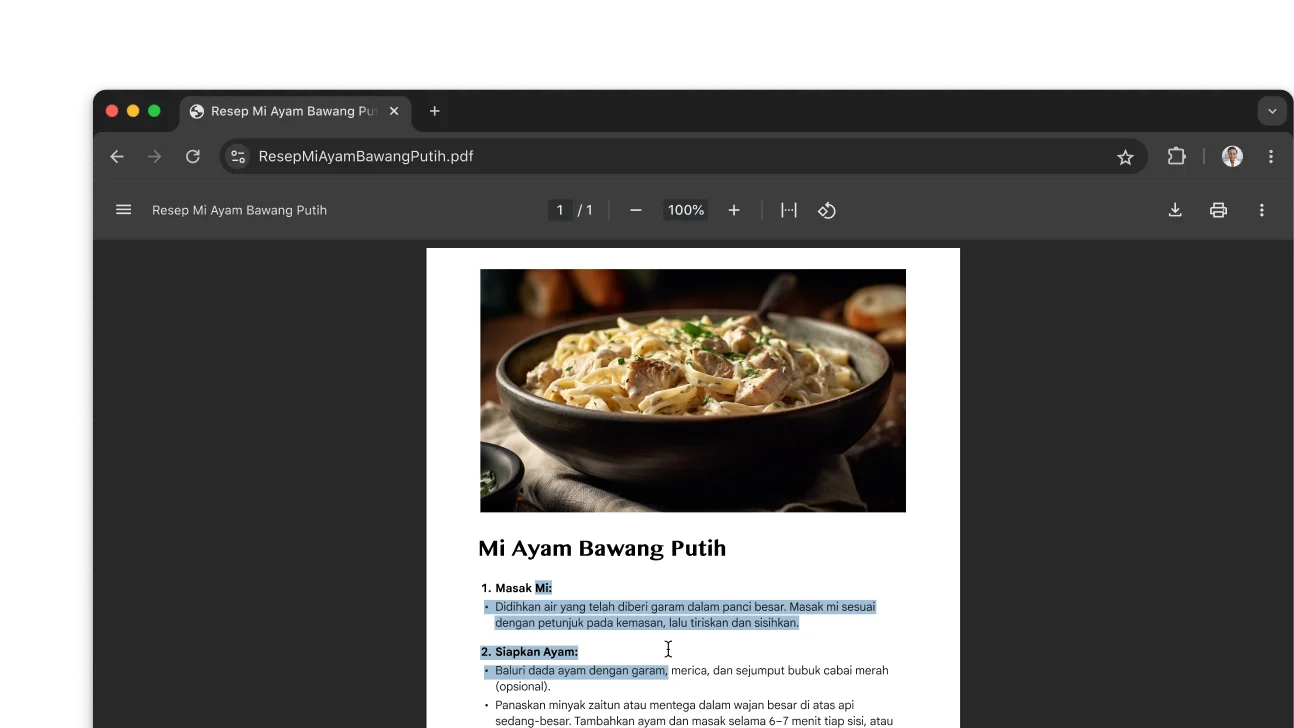 PDF yang menampilkan sebuah resep terbuka di jendela browser Chrome. Pengguna telah memilih teks dalam PDF.