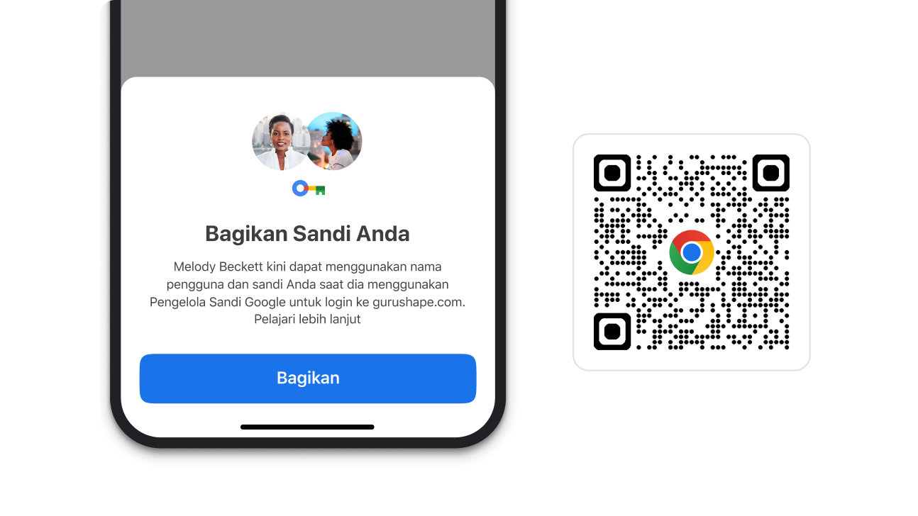 Modul di Chrome yang memungkinkan Anda berbagi sandi. Di samping modul, terdapat kode QR yang dapat digunakan untuk mendownload Chrome.