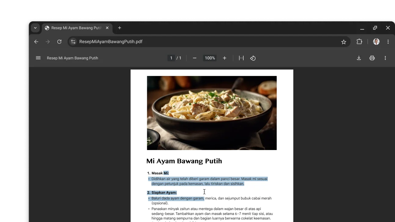 PDF yang menampilkan sebuah resep terbuka di jendela browser Chrome. Pengguna telah memilih teks dalam PDF.