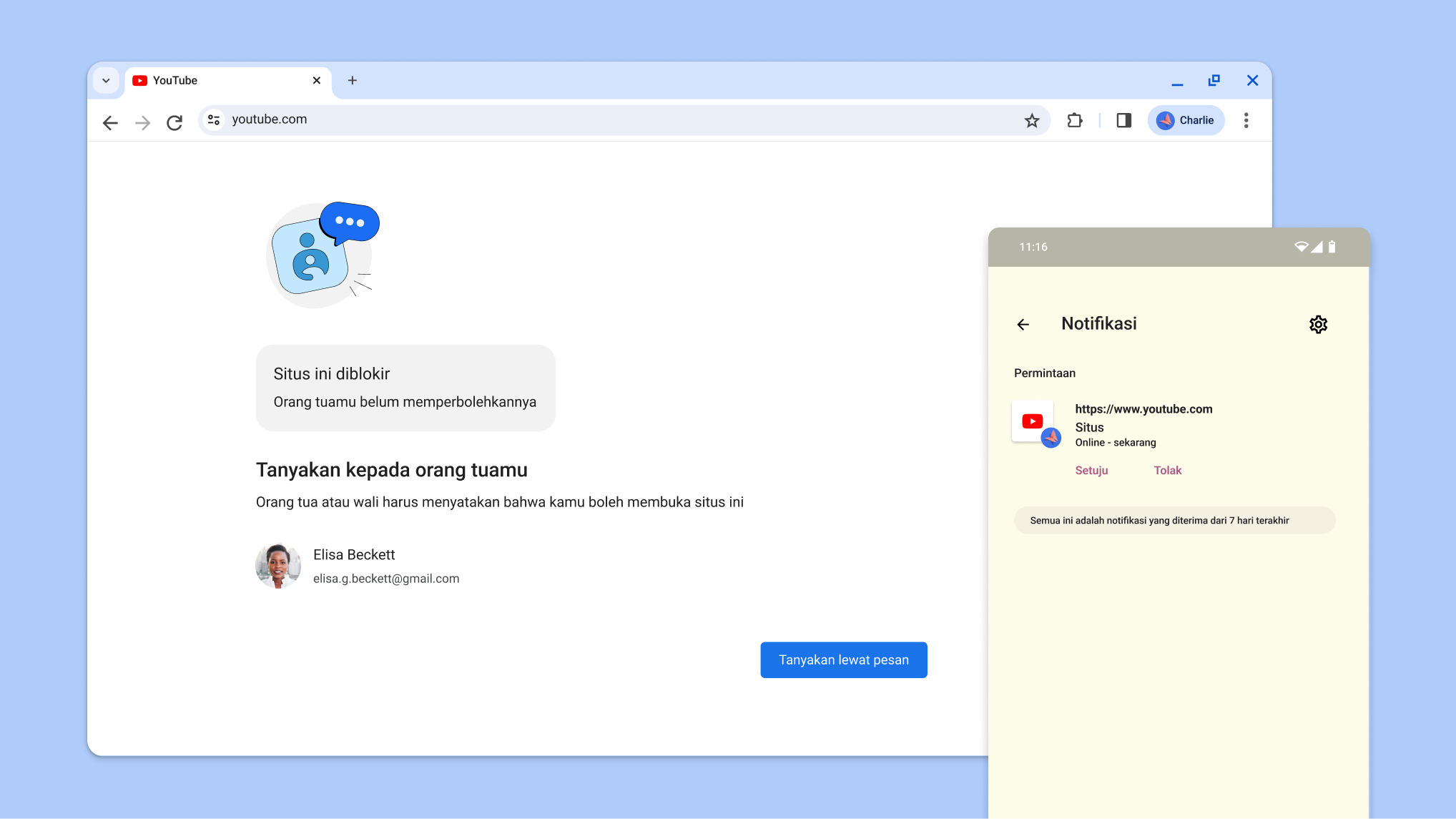 Situs diblokir oleh kontrol orang tua dan sebuah notifikasi dari Family Link untuk meminta persetujuan membuka situs