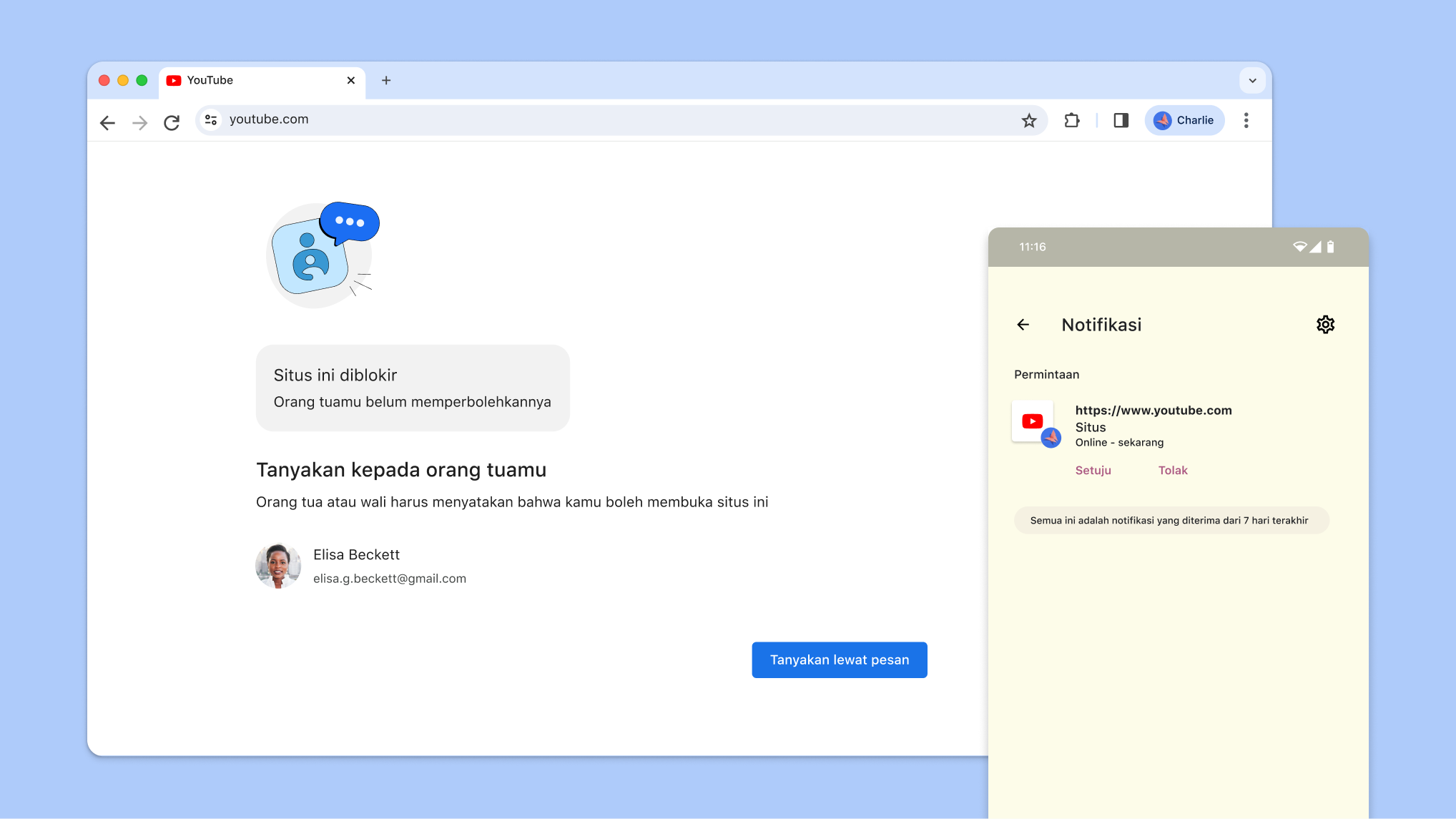 Situs diblokir oleh kontrol orang tua dan sebuah notifikasi dari Family Link untuk meminta persetujuan membuka situs