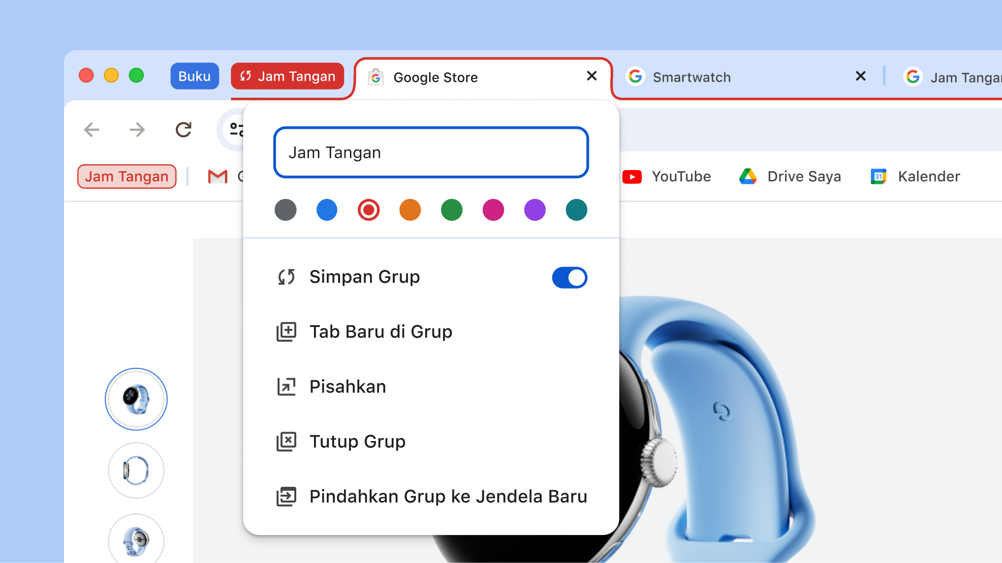 Menu grup tab terbuka yang menunjukkan opsi baru untuk menyimpan dan menyembunyikan grup