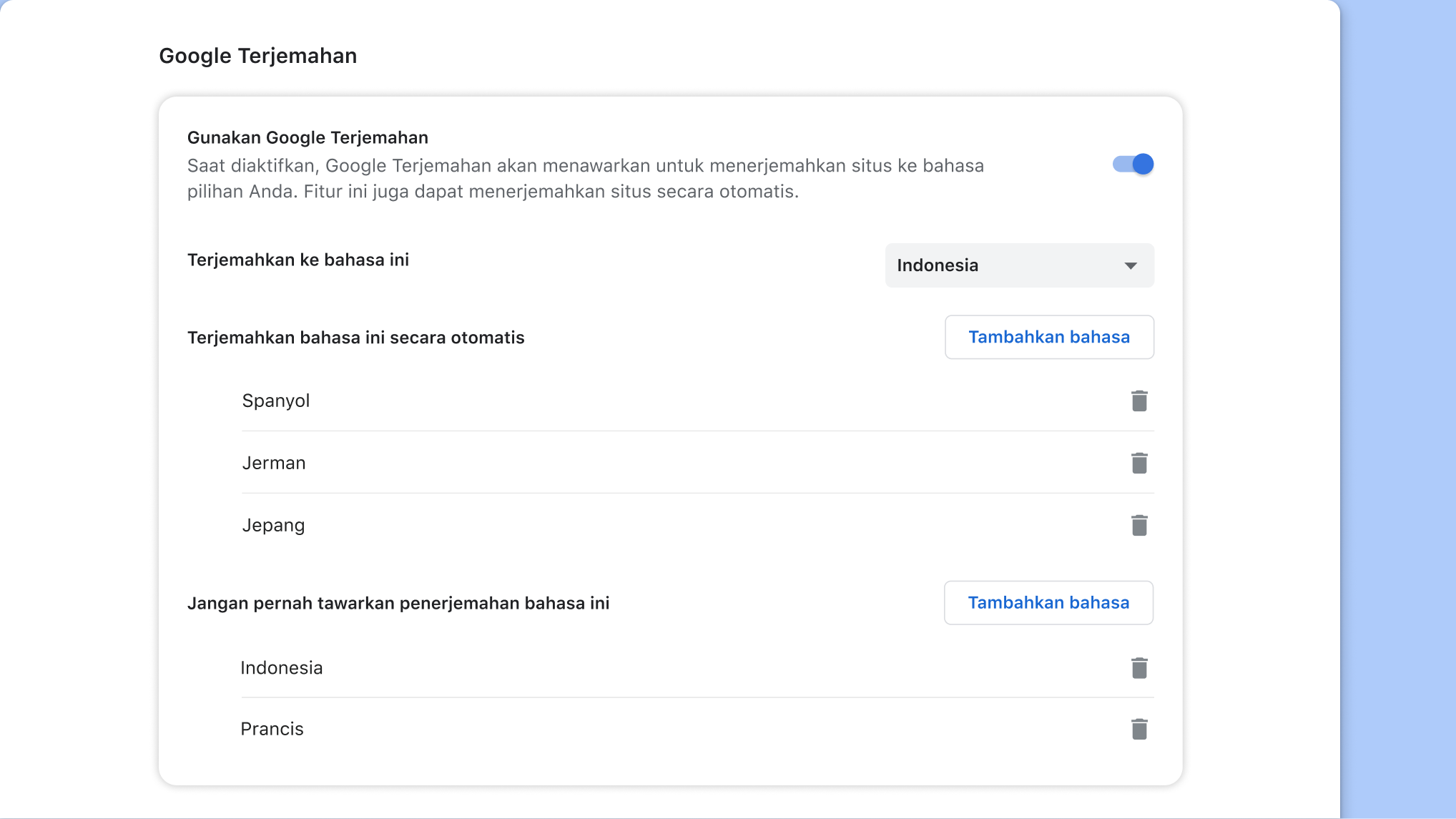 Halaman setelan Google Terjemahan di Chrome