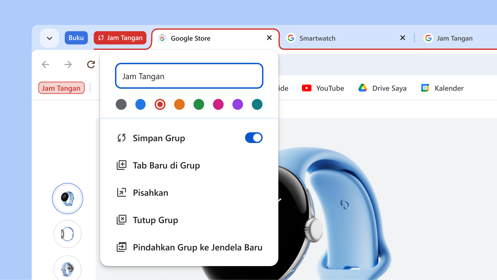 Menu grup tab terbuka yang menunjukkan opsi baru untuk menyimpan dan menyembunyikan grup