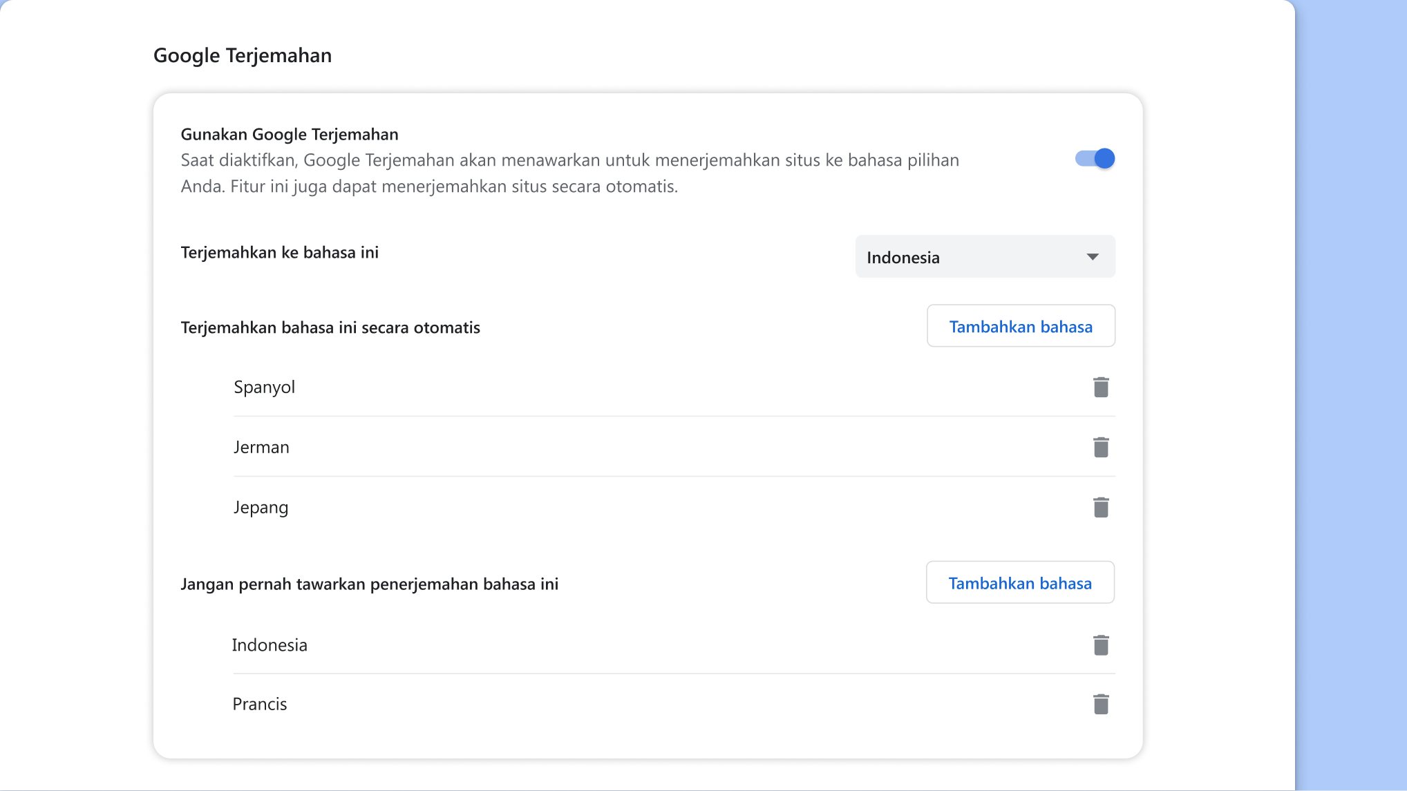 Halaman setelan Google Terjemahan di Chrome