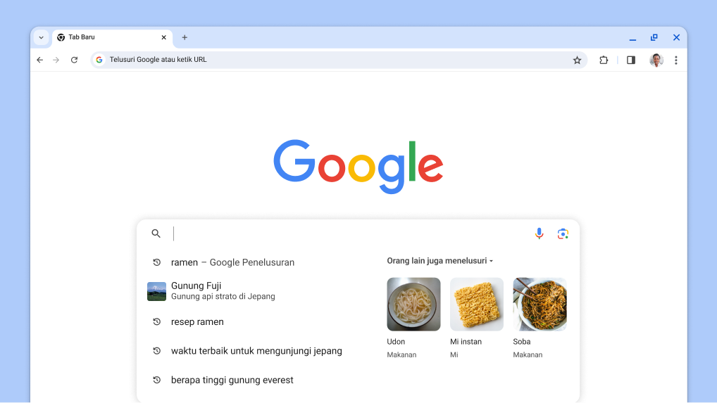 Kursor ditampilkan di kotak penelusuran yang berisi penelusuran sebelumnya dan topik terkait yang dimuat secara otomatis.