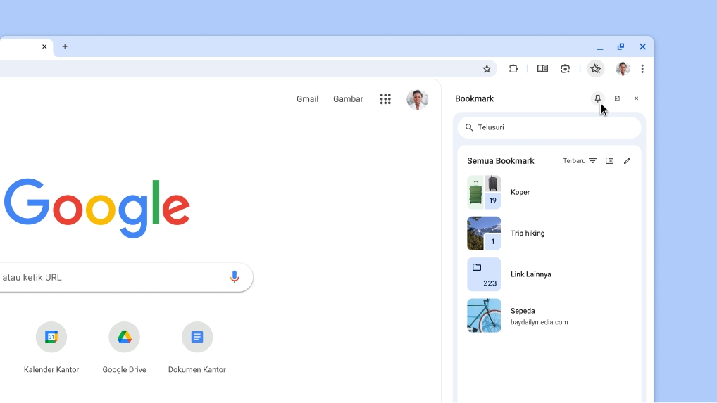 Menyematkan panel samping Chrome ke toolbar
