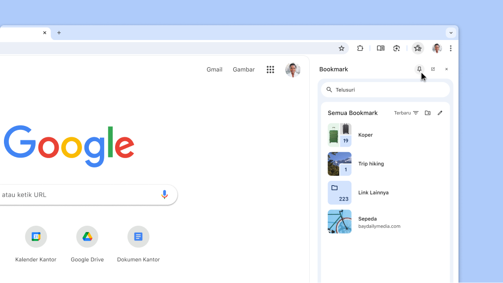 Menyematkan panel samping Chrome ke toolbar