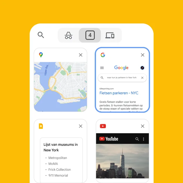 Een mobiele browser laadt tabbladen van een desktopbrowser, waaronder Google Maps.