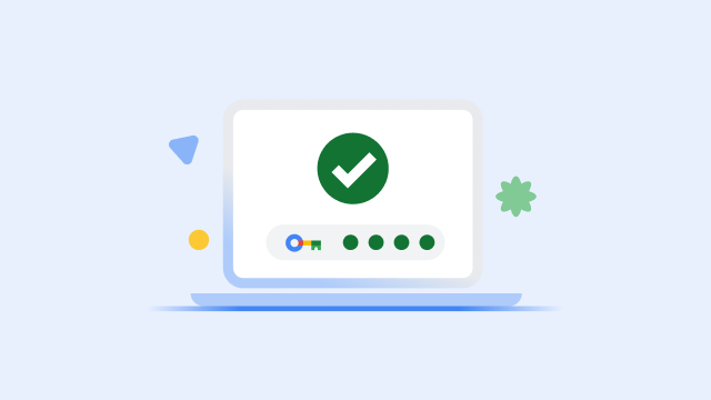 Layar laptop menampilkan tanda centang hijau besar dan status progres kunci keamanan yang telah selesai.
