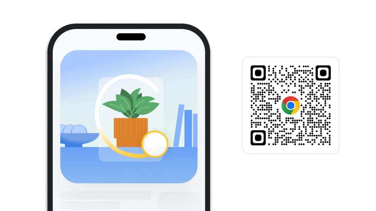 Gambar tentang menelusuri dengan menggambar di Chrome. Di samping gambar, terdapat kode QR yang dapat digunakan untuk mendownload Chrome.