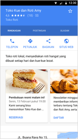Contoh listingan Google untuk toko roti, yang memperjelas fitur Postingan.